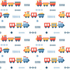 Obraz premium Seamless vector children pattern with cute cartoon transport vehicles: train, steam locomotive