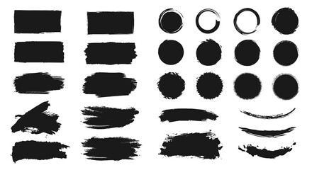 Abstract grunge paint brush stroke set. Graphic element design with ink splatter or splash, circle, line and frame. Creative vector shape or background art illustration template. 