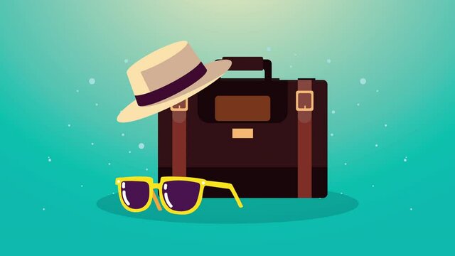 summer time animation with hat and sunglasses in suitcase