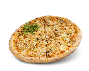 Pizza with cheese and tomato sauce isolated on white background. chicken meal and parmesan topping.