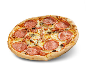 Pizza with cheese and tomato sauce isolated on white background. olive and salami topping.