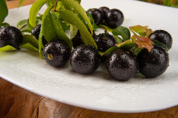 Jabuticaba, jabuticabas in detail inside a white plate with branches and leaves on rustic wood, selective focus.