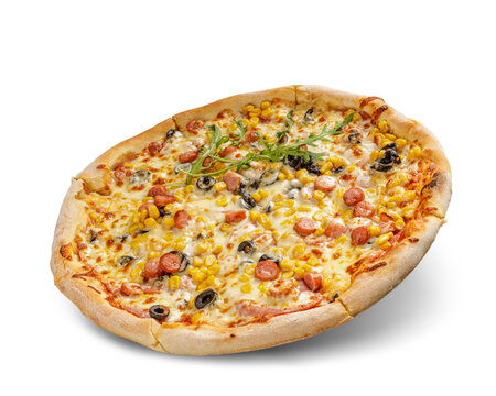 Pizza with cheese and tomato sauce isolated on white background. sausage, olive and maize topping.