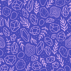 Boho style crystals and plants. Vector seamless pattern