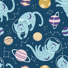 seamless pattern with blue cats in space 