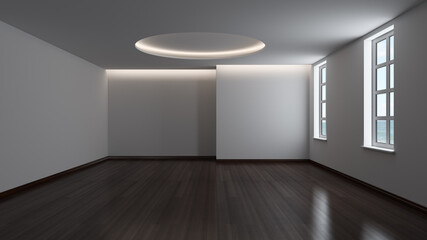 Empty Interior with Two Windows, White Plastered Walls, Cornice Lighting and Dark Parquet Floor with Plinths. 3D Rendering, Ultra HD 8K 7680x4320  © SK-Studio