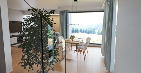 open living room with table and large window during the day. View from stairs