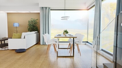 open living room with table and sofa. Living room with a large window during the day