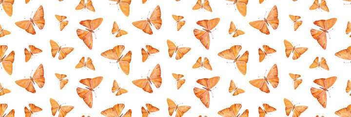 Watercolor seamless pattern with orange butterflies on a white background