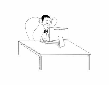 Funny cartoon man or nerd boy sit in chair at desk working on computer. Funny guy clerk or student with bow tie and glasses looks at monitor.Vector illustration like sketch in black and white