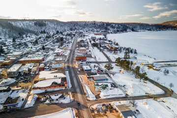 Aerial view of Munising city is the major four season tourist destination city in the Michigan Upper Peninsula.