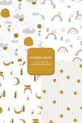 A collection of seamless cartoon patterns on the theme of summer in pastel gentle colors. Rain with clouds, flowers, haystack, rainbow, orange sun, intermittent stripes on a white background, moon.