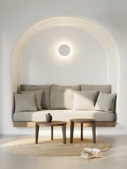 3d rendering of a minimal Summer mediterranean cave house space with earthy tones and a grey sofa   - obrazy, fototapety, plakaty