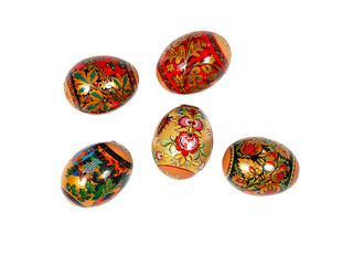 Five brightly colored Easter eggs with patterns, isolated on white