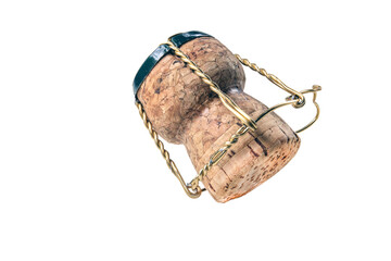 Champagne cork in a metal basket. Accessories for tight closing a bottle with a drink opened on New Year's Eve.