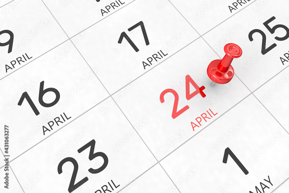 Fototapete 3d rendering of important days concept. april 24th. day 24 of month. red date written and pinned on 