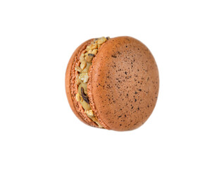 One chocolate macarons close-up isolated on a white background.