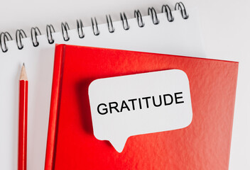 Text Gratitude a white sticker on red notepad with office stationery background. Flat lay on business, finance and development concept
