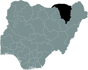 Black highlighted location map of the Nigerian Yobe state inside gray map of the Republic of Nigeria