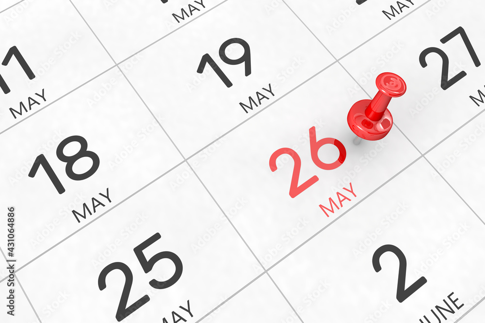 Poster 3d rendering of important days concept. may 26th. day 26 of month. red date written and pinned on a 