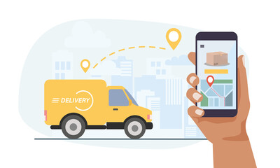 Delivery service concept, yellow delivery car, hand holding smartphone with location and parcel. Vector illustration in flat style