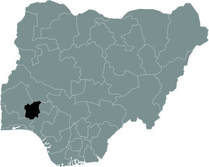 Black highlighted location map of the Nigerian Osun state inside gray map of the Republic of Nigeria