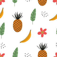 Exotic seamless colorful pattern with tropical jungle leaves, pineapple, banana, flowers. Tropic background. Floral modern pattern for textile, manufacturing etc. Vector illustration