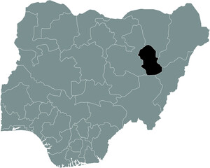 Black highlighted location map of the Nigerian Gombe state inside gray map of the Republic of Nigeria