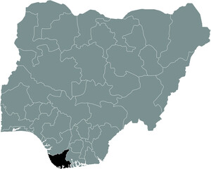 Black highlighted location map of the Nigerian Bayelsa state inside gray map of the Republic of Nigeria