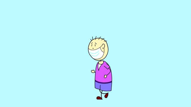 The masked boy goes to get vaccinated, but stops and thinks. Hand-drawn animation with an abstract character on a blue, azure uniform background.