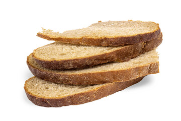 A close-up of sliced ​​brown whole wheat bread on a white background. Bread slices. Side view.