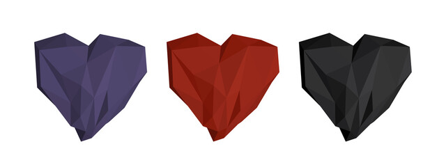 Low poly stone heart set. Black, blue and red elements for valentine day design.