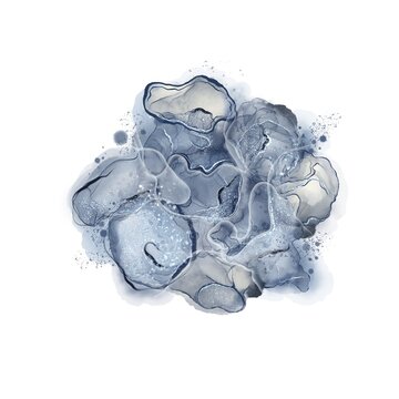 Abstract fluid art with transparent blue stains and shapes and splashes isolated on white 