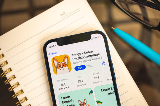Kharkov, Ukraine - April 27, 2021: Tongo Learn English Language application on the screen close-up photo
