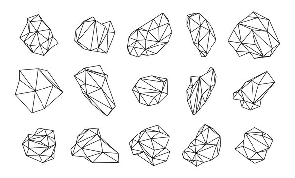 Outline low poly vector stones set. Modern polygonal mesh design elements.