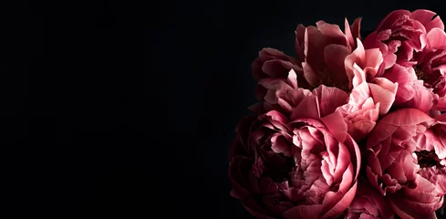 Fotobehang Pioenrozen Pink peonies over dark background. Moody floral baroque style banner with copy space  © netrun78
