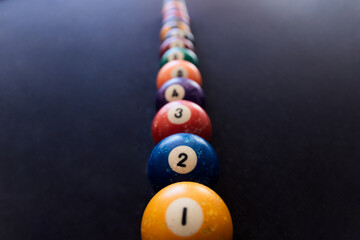Colorful Billiards ballsColored billiard balls arranged in numerical order on the billiard table....