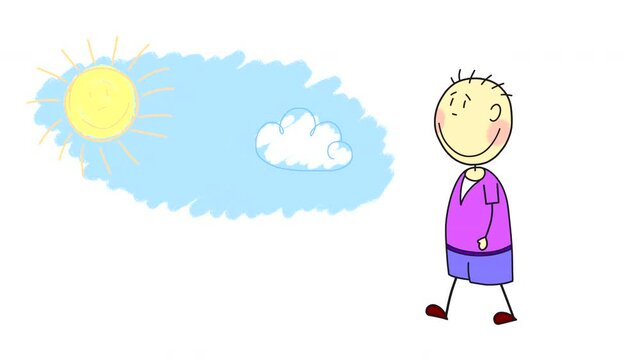 The drawn colored boy walks on a white background with a blue sky, a yellow sun and a cloud in motion. Looped animation of a child's drawing.