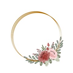 circle gold frame with watercolor floral. vector floral vintage frame on a white background, 