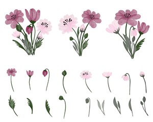 simple floral bouquet of pink with flowers, buds, and green leaves. vector design