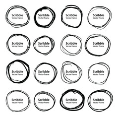 Set of black hand drawn scribble circles. Doodle style sketched design elements for round border frame, logo, labels,  badges, notes. Vector grunge brushes stroke. Isolated