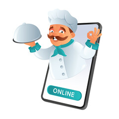 Online food ordering and delivery. Mustachioed chef of the restaurant looking out of phone, holding the dish and showing the OK sign. Vector illustration isolated on a white background