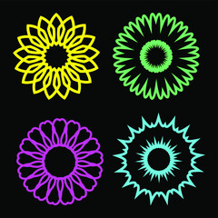 set of four flowers. vector of colorful flower elements. rotating patterns with various styles. isolated by a black background
