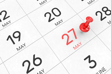 3d rendering of important days concept. May 27th. Day 27 of month. Red date written and pinned on a calendar. Spring month, day of the year. Remind you an important event or possibility.