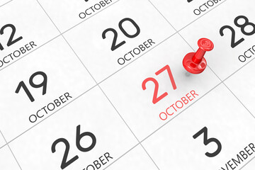 3d rendering of important days concept. October 27th. Day 27 of month. Red date written and pinned on a calendar. Autumn month, day of the year. Remind you an important event or possibility.