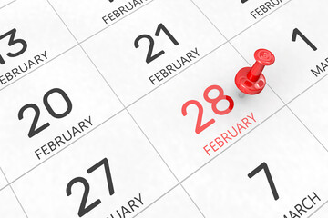 3d rendering of important days concept. February 28th. Day 28 of month. Red date written and pinned on a calendar. Winter month, day of the year. Remind you an important event or possibility.