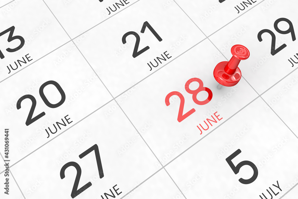 Poster 3d rendering of important days concept. june 28th. day 28 of month. red date written and pinned on a
