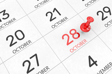 3d rendering of important days concept. October 28th. Day 28 of month. Red date written and pinned on a calendar. Autumn month, day of the year. Remind you an important event or possibility.