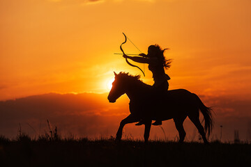 silhouette of a woman like an Indian riding a horse and shooting from a bow in the setting sun
