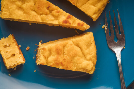 Squash and coastal cheese cake on a blue plate
